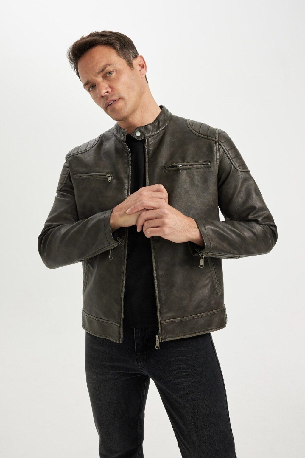 DEFACTO Slim Fit Faux Leather Coat Jacket Slim Cut Stand Collar Zippered Pocket Lined Seasonal