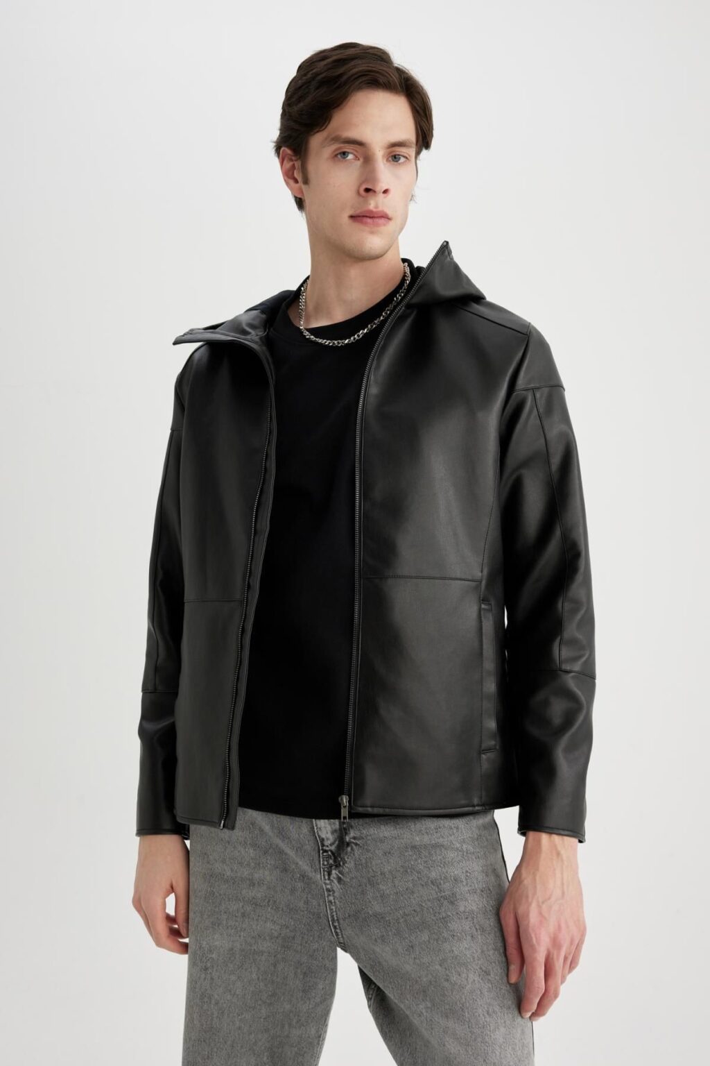 DEFACTO Slim Fit Faux Leather Jacket Coat Slim Cut Hooded Zippered Pocket Seasonal
