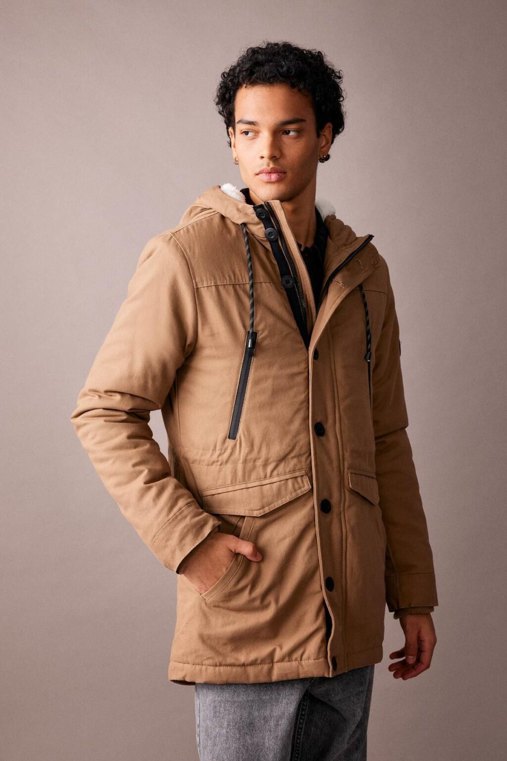 DEFACTO Slim Fit Slim Cut Hooded Plush Lining Zippered Snap Closure Pocket Coat Parka
