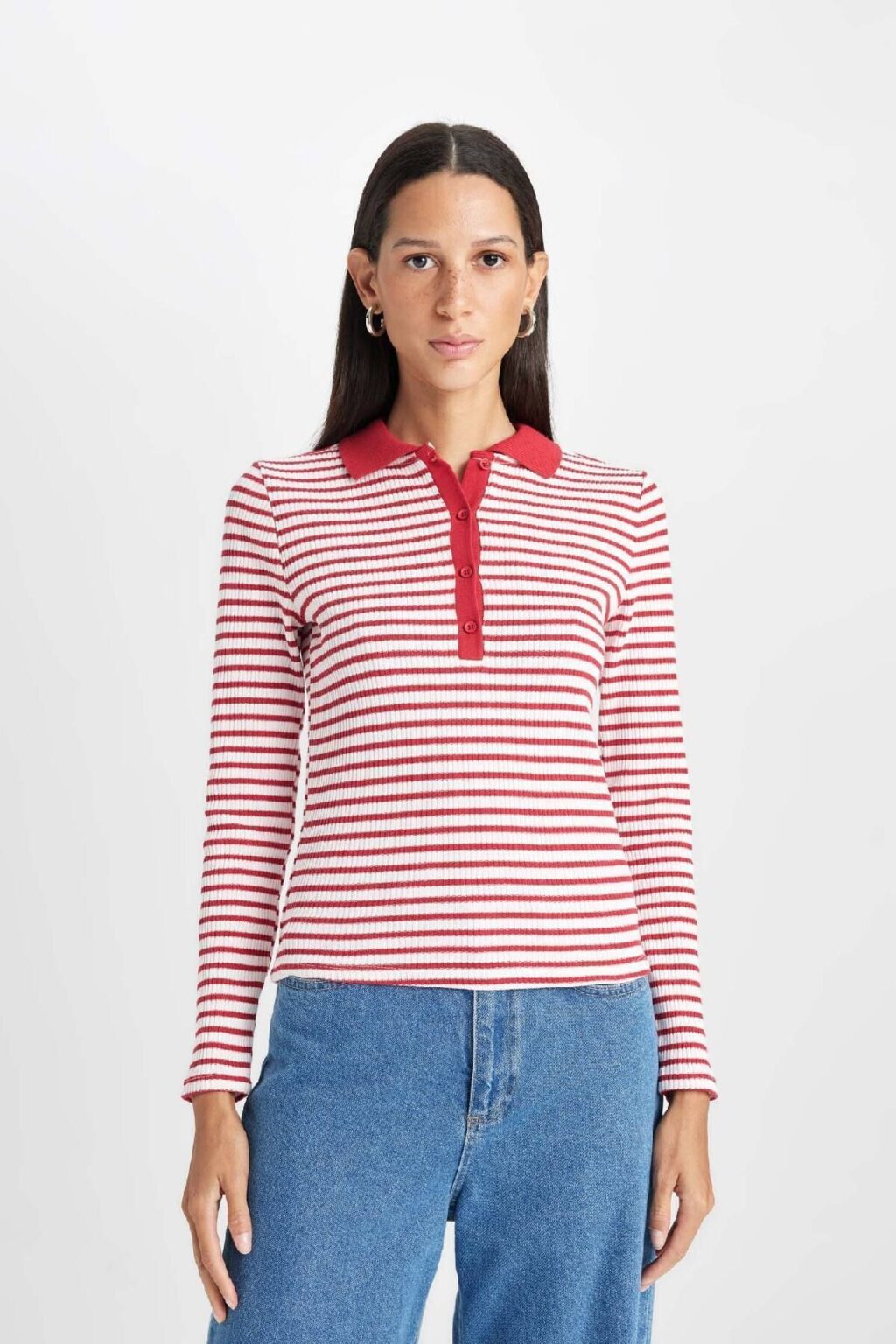 DEFACTO Slim Fit Slim Fit Polo Collar Button-down Striped Ribbed Camisole Long Sleeve T-Shirt