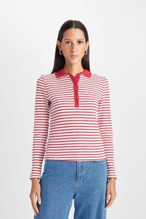 DEFACTO Slim Fit Slim Fit Polo Collar Button-down Striped Ribbed Camisole Long Sleeve T-Shirt