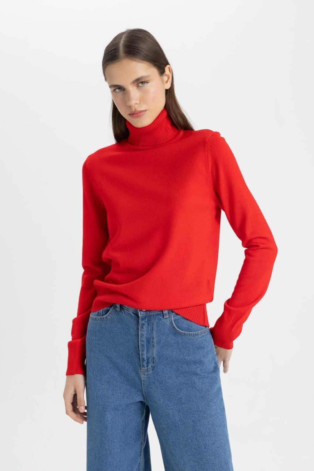 DEFACTO Soft Textured Turtleneck Basic Plain Red Knitwear Sweater