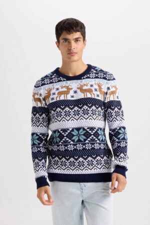 DEFACTO Standard Fit Christmas Themed Crew Neck Knitted Sweater