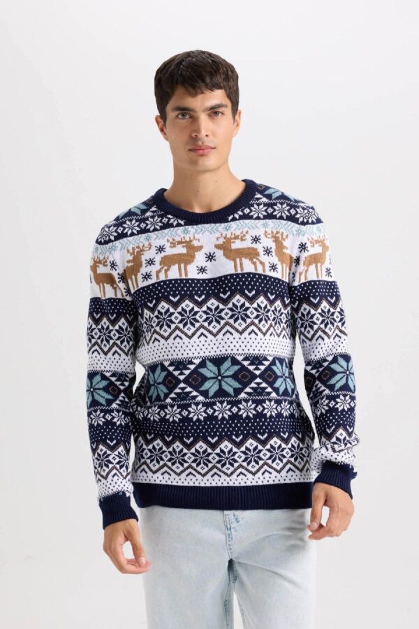 DEFACTO Standard Fit Christmas Themed Crew Neck Knitted Sweater