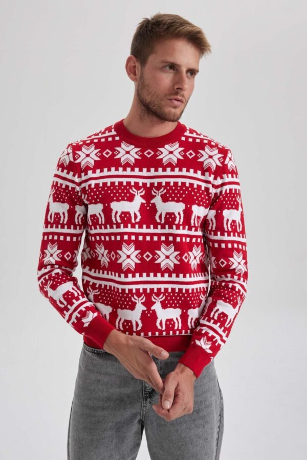 DEFACTO Standard Fit New Year Themed Crew Neck Knitted Sweater
