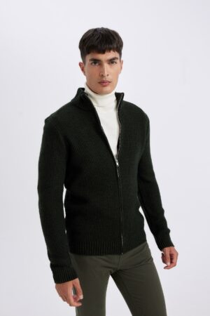 DEFACTO Standard Fit Regular Cut Half Turtleneck Zippered Knitwear Cardigan