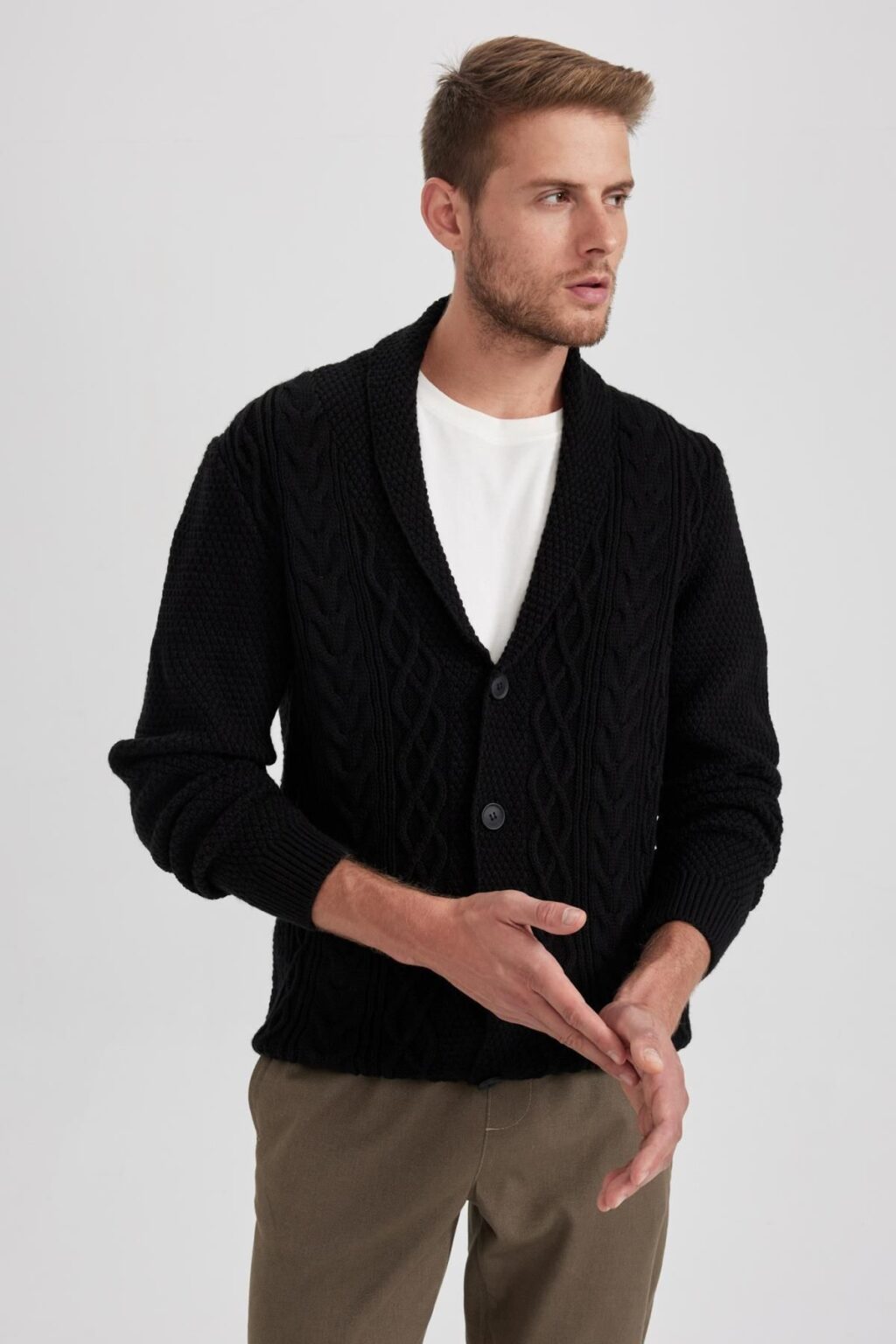 DEFACTO Standard Fit Shawl Collar Knitted Buttoned Black Knit Cardigan