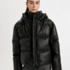 DEFACTO Water Repellent Faux Leather Jacket Hooded Inside Polar Fleece Zippered Pocket
