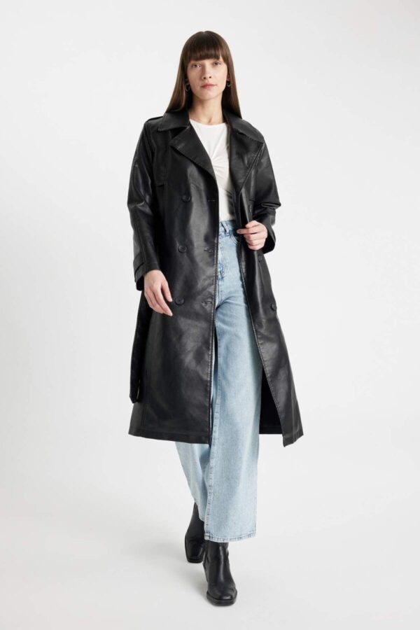 DEFACTO Water Repellent Faux Leather Trench Coat Double Breasted Collar Buttoned Belt Pocket