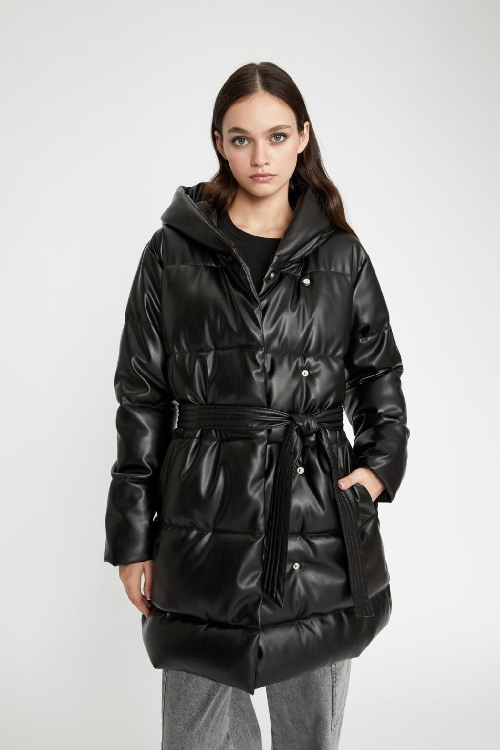 DEFACTO Water Repellent Long Puffer Jacket Parka Hooded Heat Insulated Pocket Fleece Belted Pocket Faux Leather