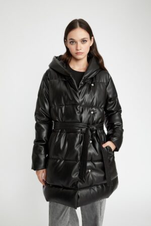 DEFACTO Water Repellent Long Puffer Jacket Parka Hooded Heat Insulated Pocket Fleece Belted Pocket Faux Leather