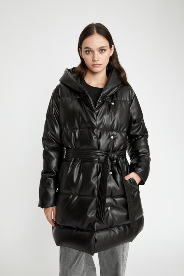 DEFACTO Water Repellent Long Puffer Jacket Parka Hooded Heat Insulated Pocket Fleece Belted Pocket Faux Leather
