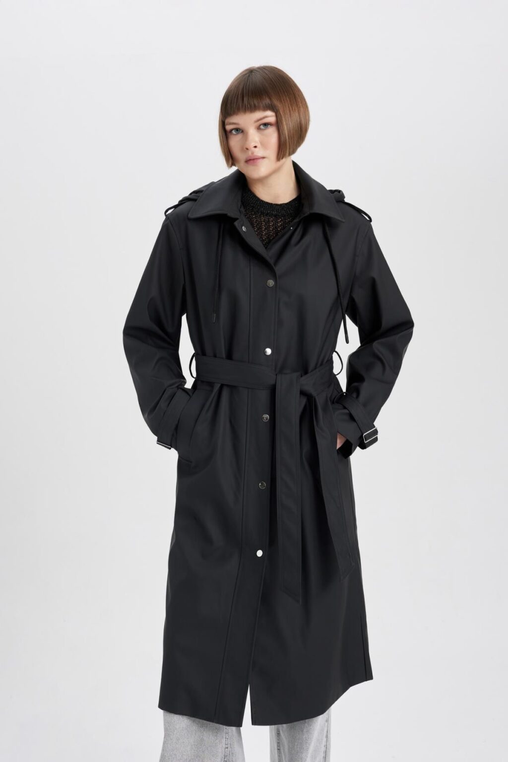 DEFACTO Water Repellent Regular Fit Hooded Belted Long Raincoat