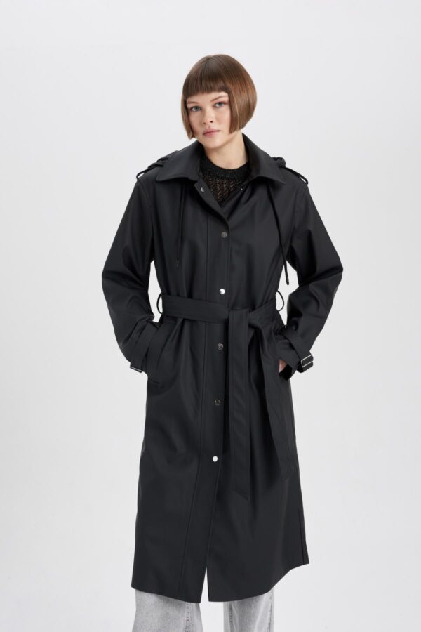 DEFACTO Water Repellent Regular Fit Hooded Belted Long Raincoat