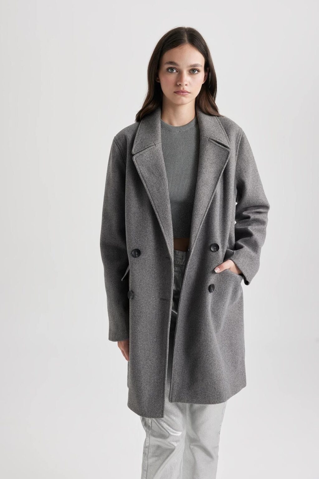 DEFACTO Windproof Long Cashmere Coat Oversize Wide Cut Double Breasted Collar Button
