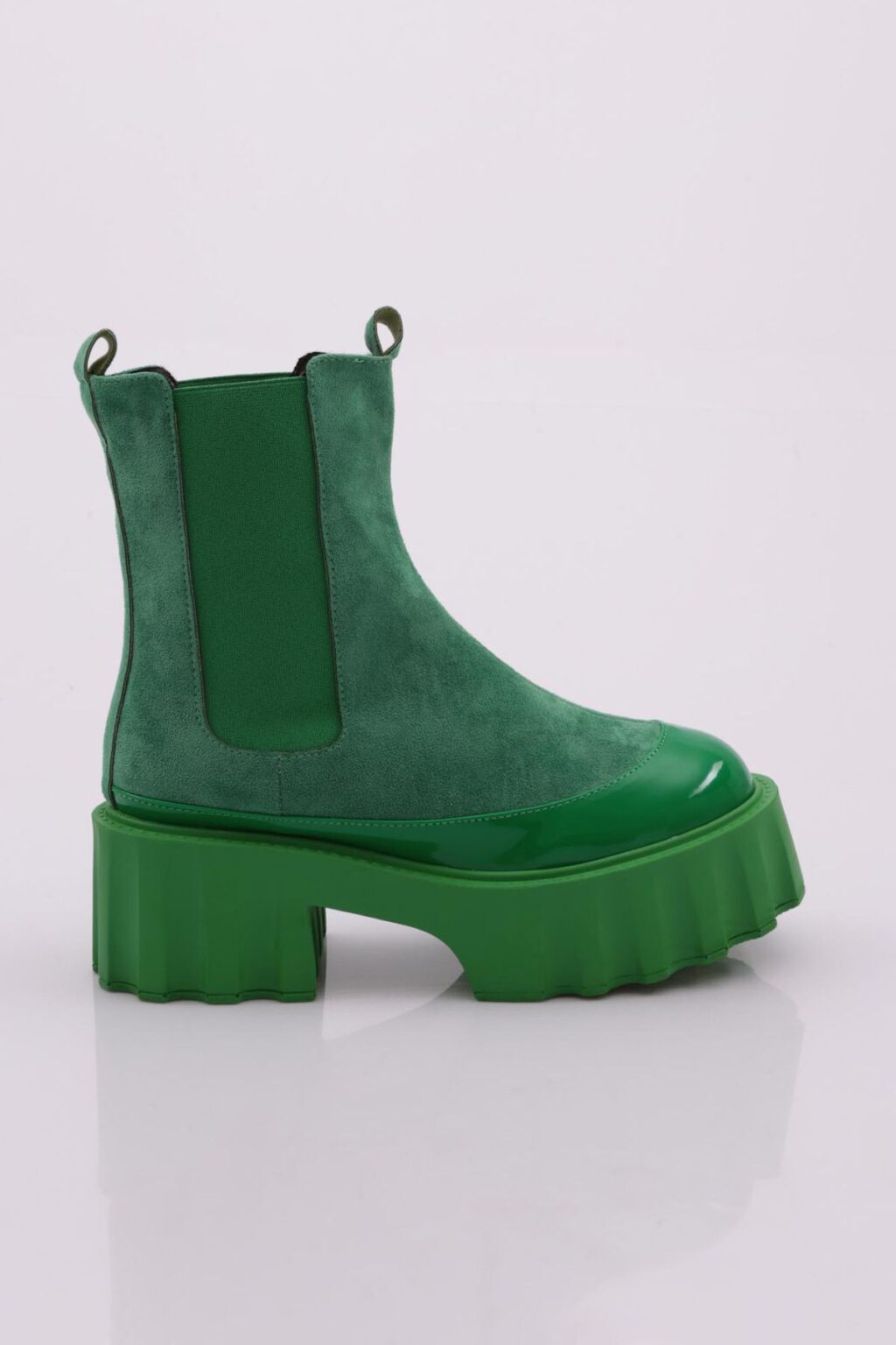 DGN Es804 Women's Thick Sole Stretch Detailed Heeled Boots GREEN SUEDE GREEN PATENT LEATHER