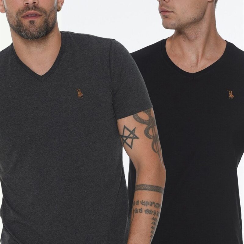 DOUBLE SET T8568 DEWBERRY V-NECK MEN'S T-SHIRT-BLACK-ANTHRACITE