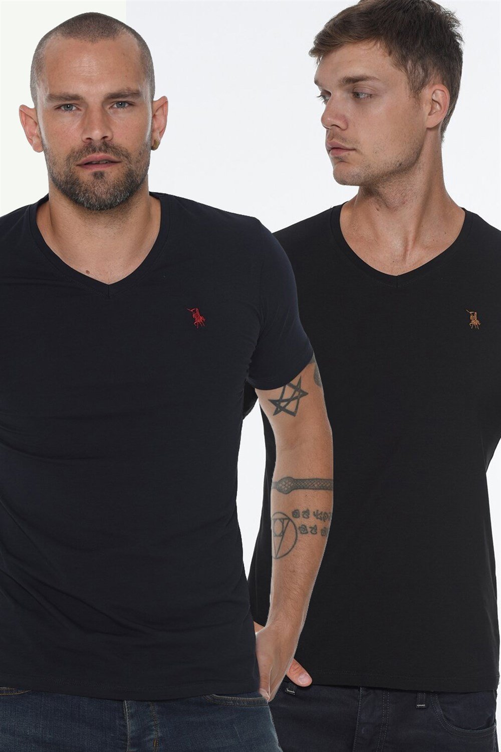 DOUBLE SET T8568 DEWBERRY V-NECK MEN'S T-SHIRT-NAVY - BLACK