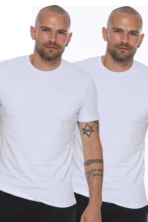 DOUBLE SET T8569 DEWBERRY BIKE COLLAR MEN'S T-SHIRT-WHITE-WHITE