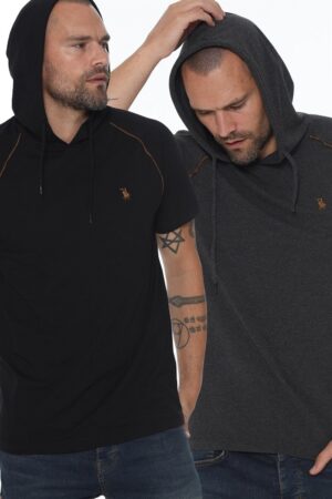DOUBLE SET T8570 DEWBERRY HOODED MEN'S T-SHIRT-BLACK-ANTHRACITE