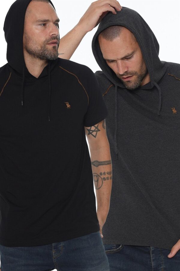 DOUBLE SET T8570 DEWBERRY HOODED MEN'S T-SHIRT-BLACK-ANTHRACITE