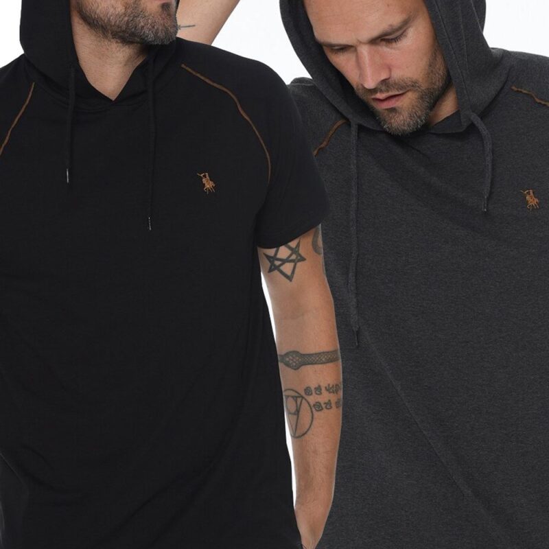 DOUBLE SET T8570 DEWBERRY HOODED MEN'S T-SHIRT-BLACK-ANTHRACITE