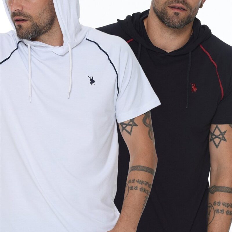 DOUBLE SET T8570 DEWBERRY HOODED MEN'S T-SHIRT-WHITE - NAVY BLUE