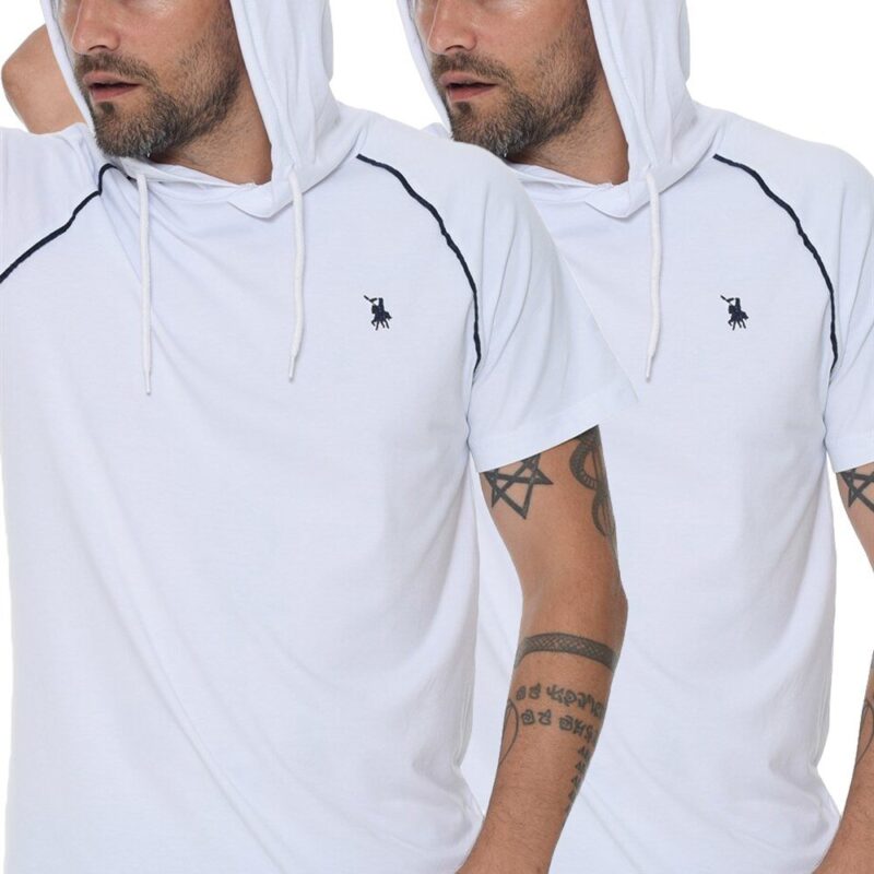 DOUBLE SET T8570 DEWBERRY HOODED MEN'S T-SHIRT-WHITE-WHITE