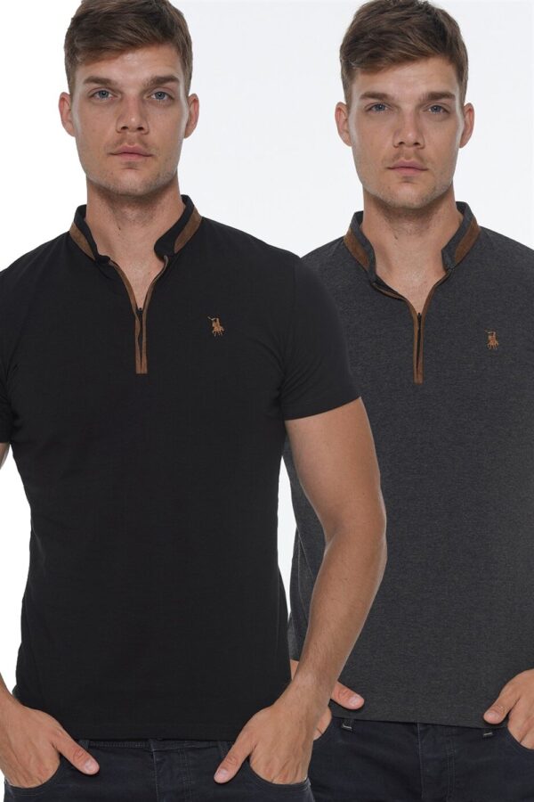 DOUBLE SET T8571 DEWBERRY ZIPPER MEN'S T-SHIRT-BLACK-ANTHRACITE