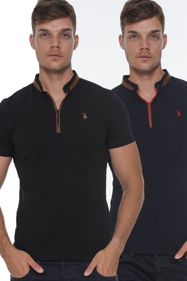 DOUBLE SET T8571 DEWBERRY ZIPPER MEN'S T-SHIRT-NAVY - BLACK