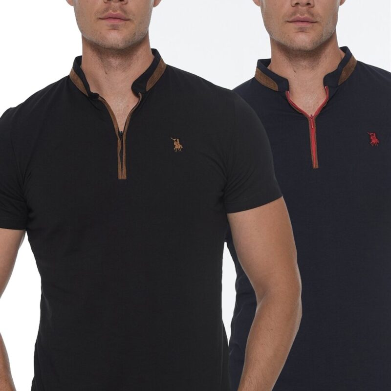 DOUBLE SET T8571 DEWBERRY ZIPPER MEN'S T-SHIRT-NAVY - BLACK