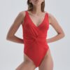 Dagi Red V-Neck Compressing Draped Swimsuit