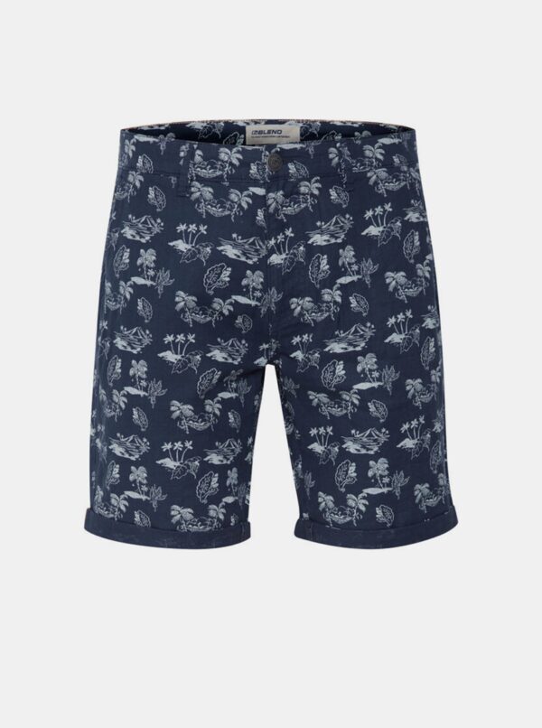 Dark Blue Patterned Linen Shorts Blend - Men