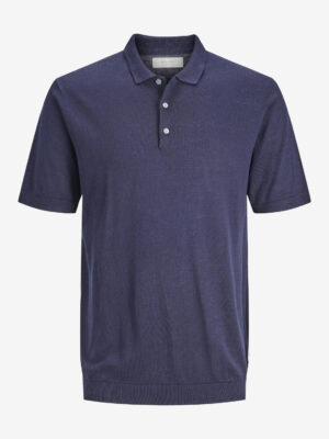 Dark blue men's knitted polo shirt with linen blended Jack & Jones Igor