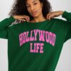 Dark green and pink oversize long sweatshirt with slogan