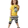 Denokids Bee Patterned Striped Girl's Yellow Summer T-shirt Capri Shorts Set