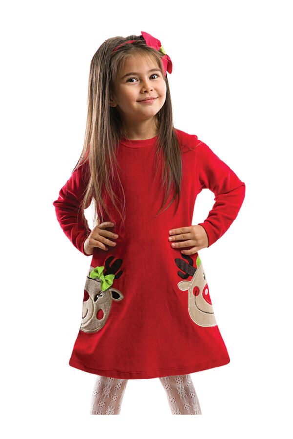 Denokids Twin Deer Girl Velvet Red Christmas Dress
