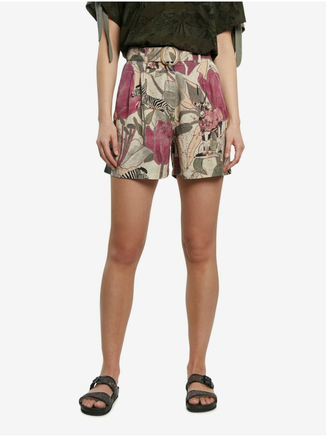 Desigual Khaki shorts with a colorful tropical pattern Pant Etnican - Women's