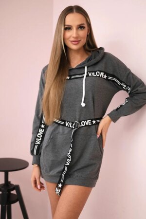 Dress decorated with a graphite slogan tape Dress decorated with a graphite slogan tape