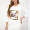Dress with 3D graphics and decorative pom pom ecru