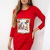 Dress with 3D graphics and decorative pom pom red
