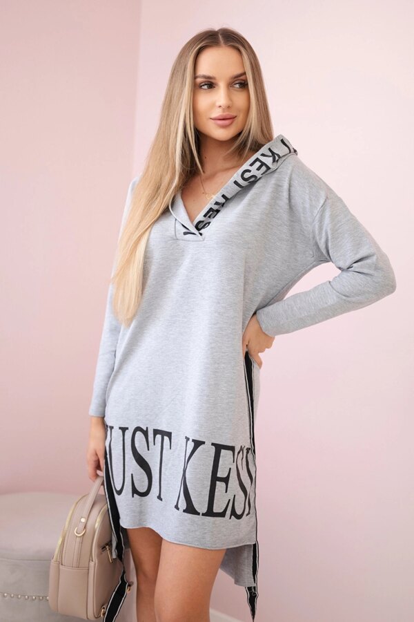 Dress with a hood and a gray print