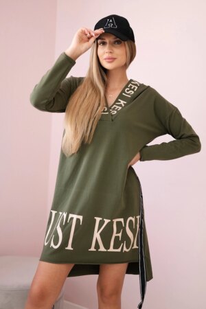 Dress with a hood and khaki print