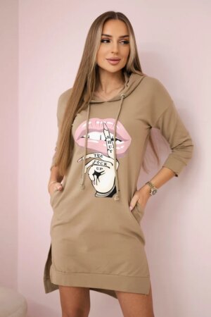 Dress with a longer back and a colorful camel print