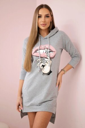 Dress with a longer back and a colorful gray print