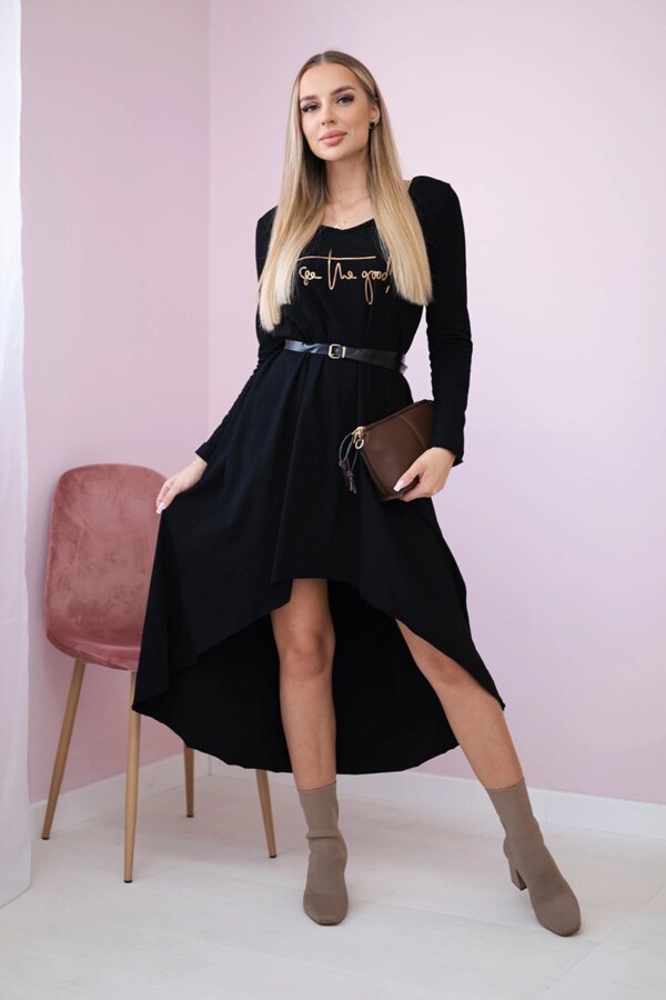 Dress with decorative belt and black inscription