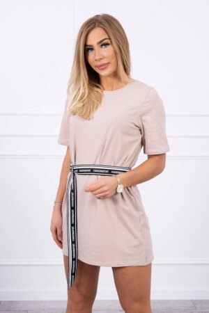 Dress with decorative belt in beige color