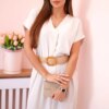 Dress with decorative belt in beige color