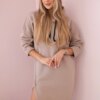 Dress with hood and slit on the side dark beige
