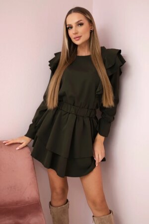 Dress with khaki vertical ruffles